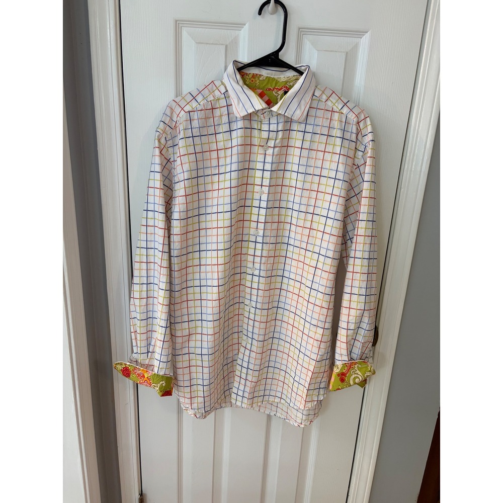 Robert Graham Button Front Men XL White Multi Graph Check Paisley Trim Shirt
